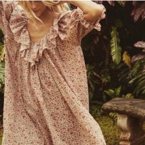 DÔEN Liberty Fabric Chime Floral Mini Dress Size M in Coral Poppy Boho Ruffles - Picture 3 of 13